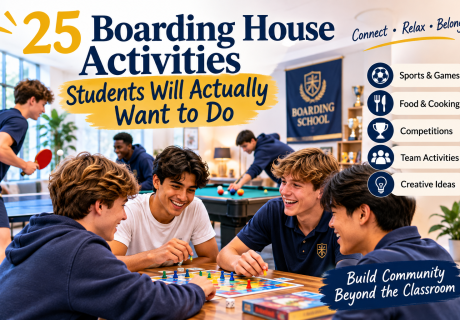 Boarding school students enjoying games and activities together in a boarding house common room, including table tennis, board games and pool, promoting community, connection and student belonging.