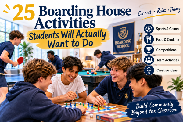 Boarding school students enjoying games and activities together in a boarding house common room, including table tennis, board games and pool, promoting community, connection and student belonging.