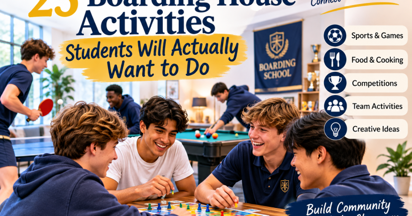 Boarding school students enjoying games and activities together in a boarding house common room, including table tennis, board games and pool, promoting community, connection and student belonging.