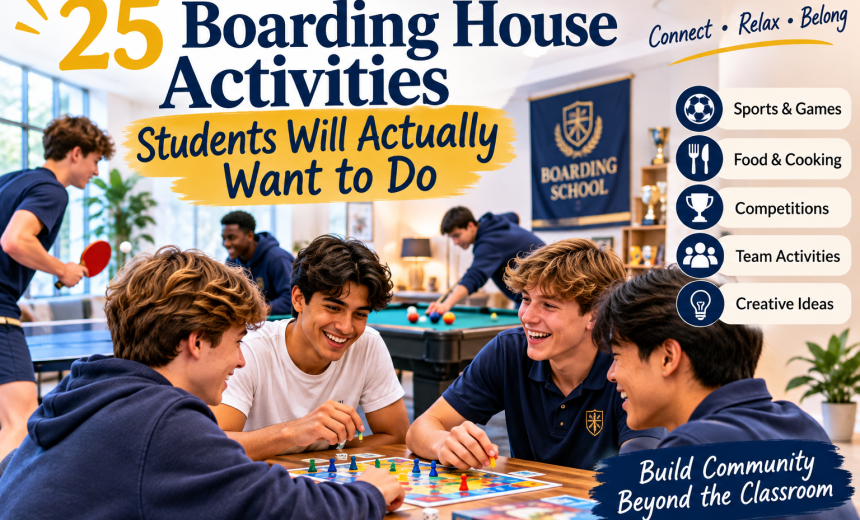 Boarding school students enjoying games and activities together in a boarding house common room, including table tennis, board games and pool, promoting community, connection and student belonging.