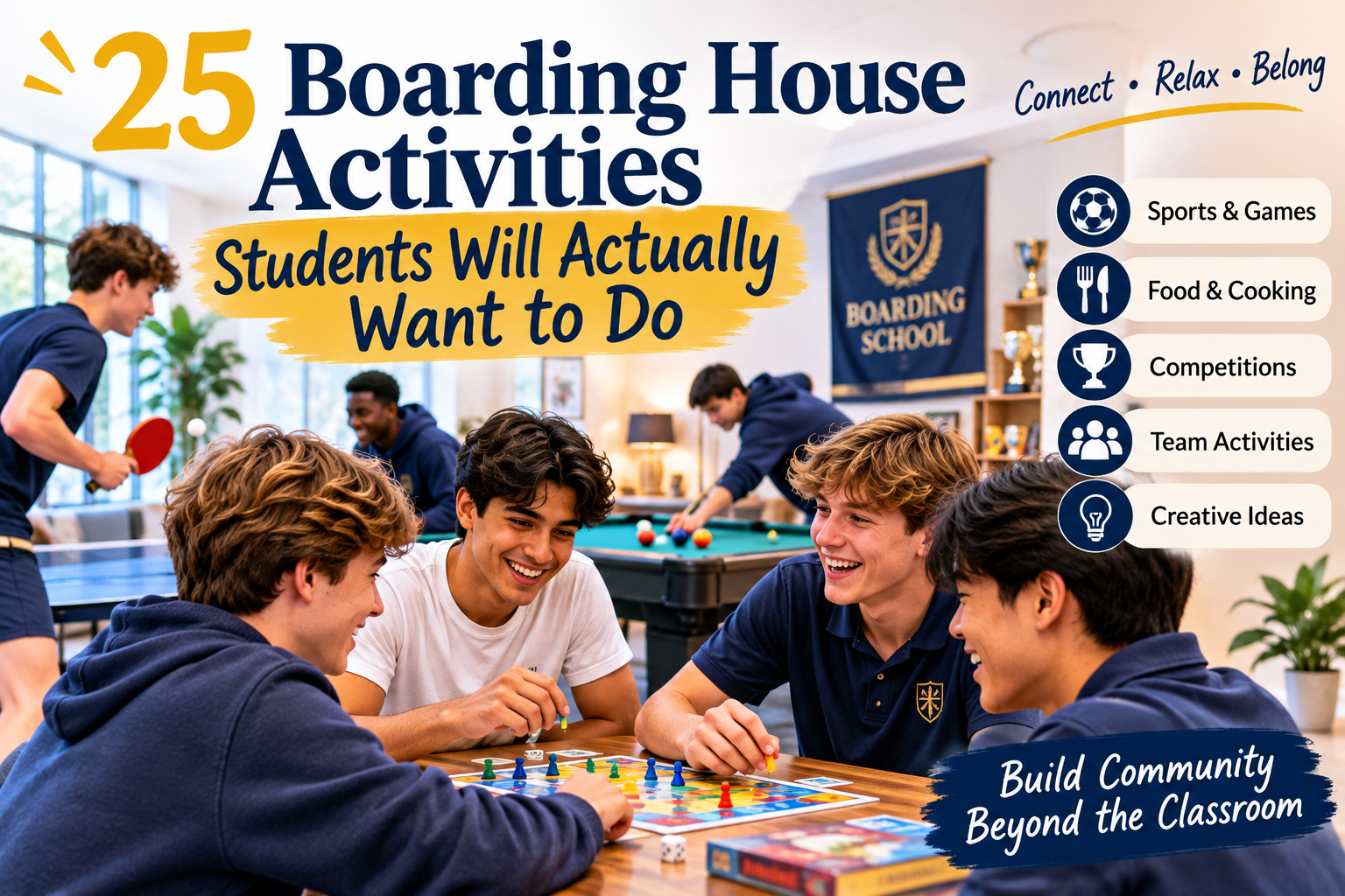 Boarding school students enjoying games and activities together in a boarding house common room, including table tennis, board games and pool, promoting community, connection and student belonging.