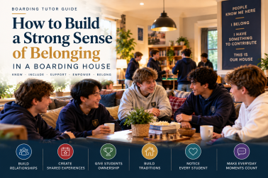 Boarding school students relaxing together in a boarding house common room, illustrating how relationships, shared experiences, traditions and student involvement create a strong sense of community and belonging.