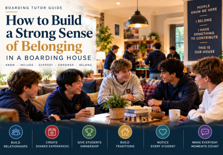 Boarding school students relaxing together in a boarding house common room, illustrating how relationships, shared experiences, traditions and student involvement create a strong sense of community and belonging.