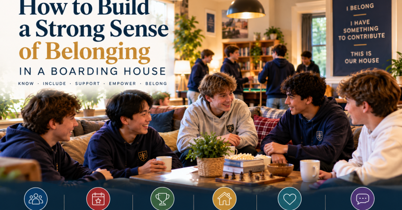 Boarding school students relaxing together in a boarding house common room, illustrating how relationships, shared experiences, traditions and student involvement create a strong sense of community and belonging.
