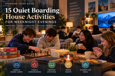 Boarding school students enjoying quiet weeknight activities in a boarding house common room, including chess, card games, reading, snacks and conversation, helping build community and belonging.