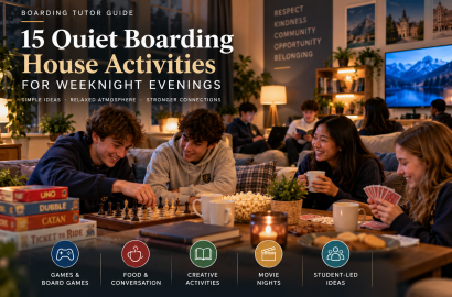 Boarding school students enjoying quiet weeknight activities in a boarding house common room, including chess, card games, reading, snacks and conversation, helping build community and belonging.