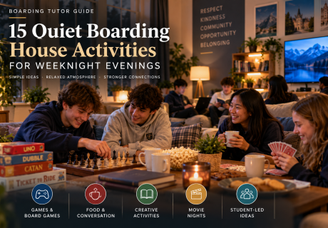 Boarding school students enjoying quiet weeknight activities in a boarding house common room, including chess, card games, reading, snacks and conversation, helping build community and belonging.