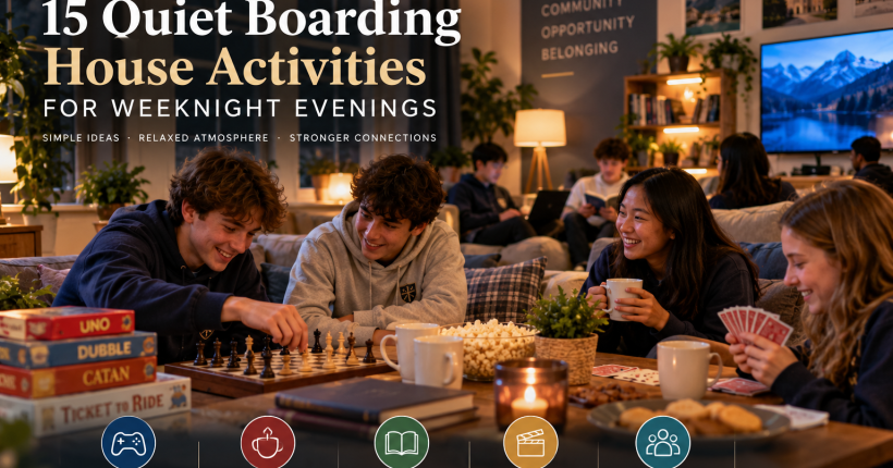 Boarding school students enjoying quiet weeknight activities in a boarding house common room, including chess, card games, reading, snacks and conversation, helping build community and belonging.