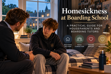 Boarding tutor supporting a homesick student in a boarding house, illustrating practical pastoral care, student wellbeing, connection and belonging at boarding school.