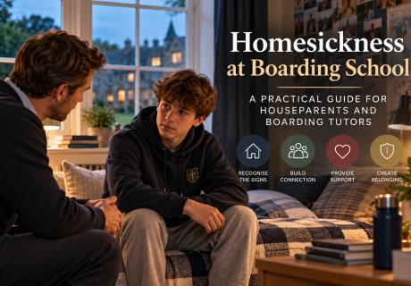 Boarding tutor supporting a homesick student in a boarding house, illustrating practical pastoral care, student wellbeing, connection and belonging at boarding school.