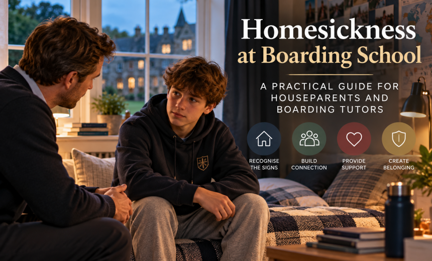 Boarding tutor supporting a homesick student in a boarding house, illustrating practical pastoral care, student wellbeing, connection and belonging at boarding school.