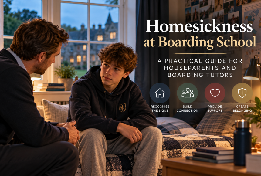 Boarding tutor supporting a homesick student in a boarding house, illustrating practical pastoral care, student wellbeing, connection and belonging at boarding school.