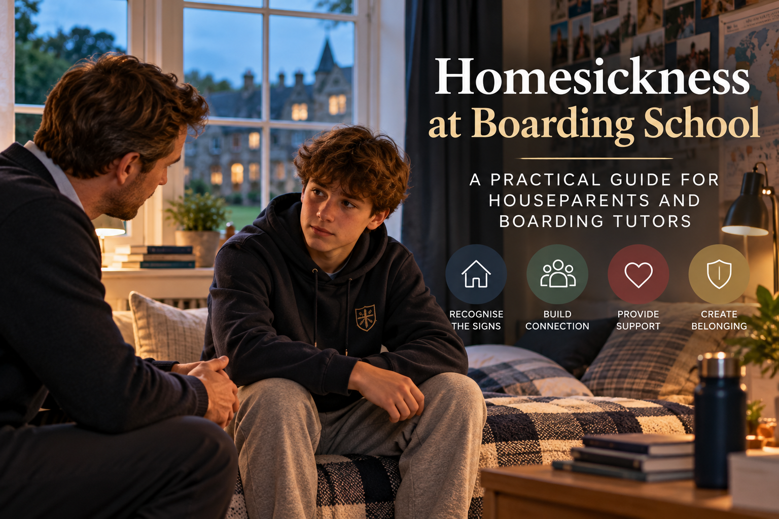 Boarding tutor supporting a homesick student in a boarding house, illustrating practical pastoral care, student wellbeing, connection and belonging at boarding school.